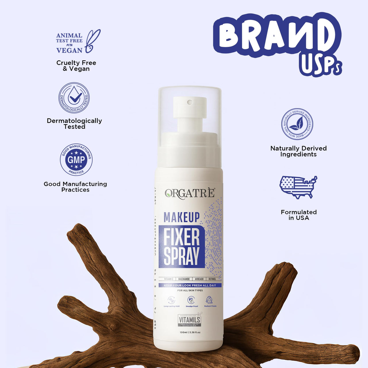 Orgatre Makeup Fixer Spray Waterproof | Long-Lasting for Face | Smudge-Proof Hydrating Finish | With Vitamin C & Niacinamide | Glow After Makeup | For All Skin Types | 100ml