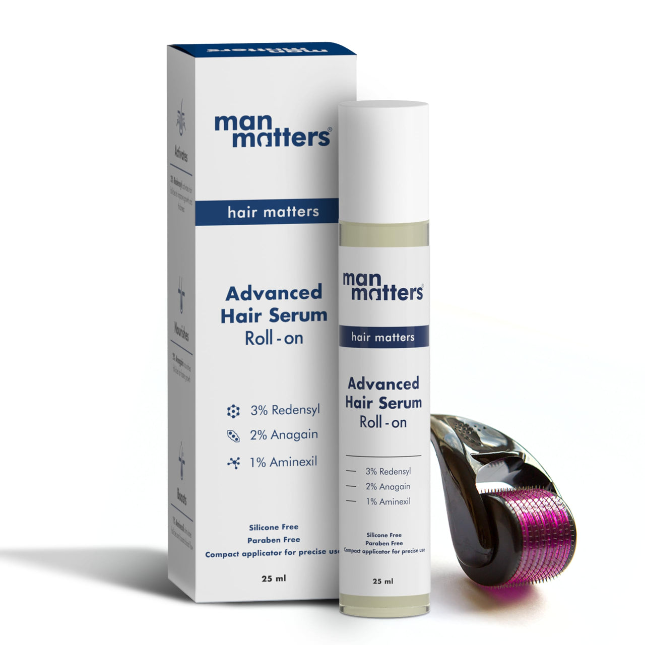 Man Matters Advanced Beard&Hair Serum Roll On 25Ml With Derma Roller 0.5 Mm|Redensyl,Anagain,Aminexil&Rosemary|Reactivates Hair Cells,Improves Beard&Hair Density&Promotes Thicker Growth, 50 Grams