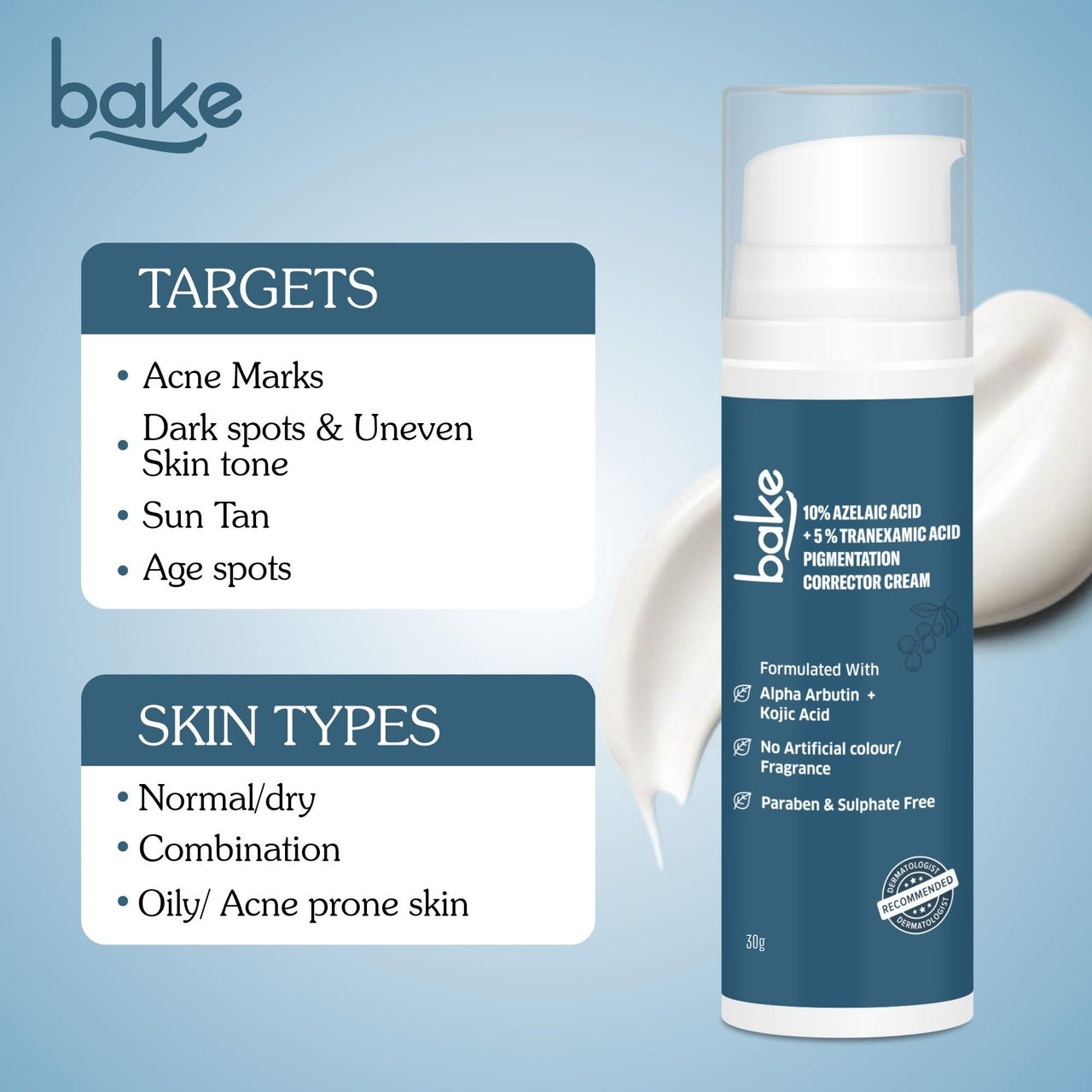BAKE 10% Azelaic Acid + 5% Tranexamic Acid Pigmentation Corrector Cream for Dark Spots, Pigmentation & Tan Removal | Fades Acne Marks & Scars | For All Skin Types | For Men & Women | 30g