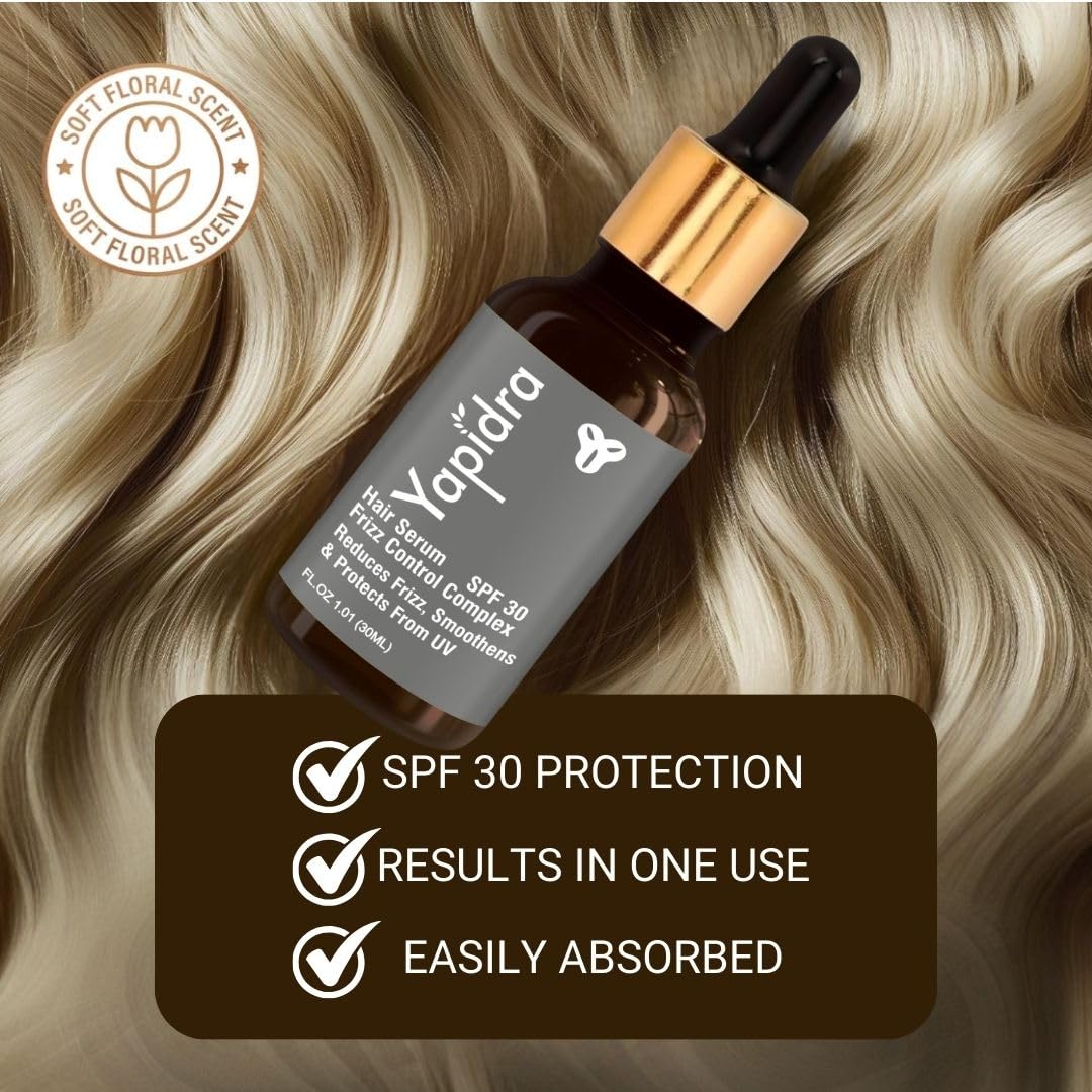 Yapidra Anti-Frizz Hair Serum with SPF 30 | Smoothens, Controls Frizz & Protects from UV | Lightweight Frizz Control Complex for Silky, Shiny Hair | Suitable for All Hair Types (30ml)
