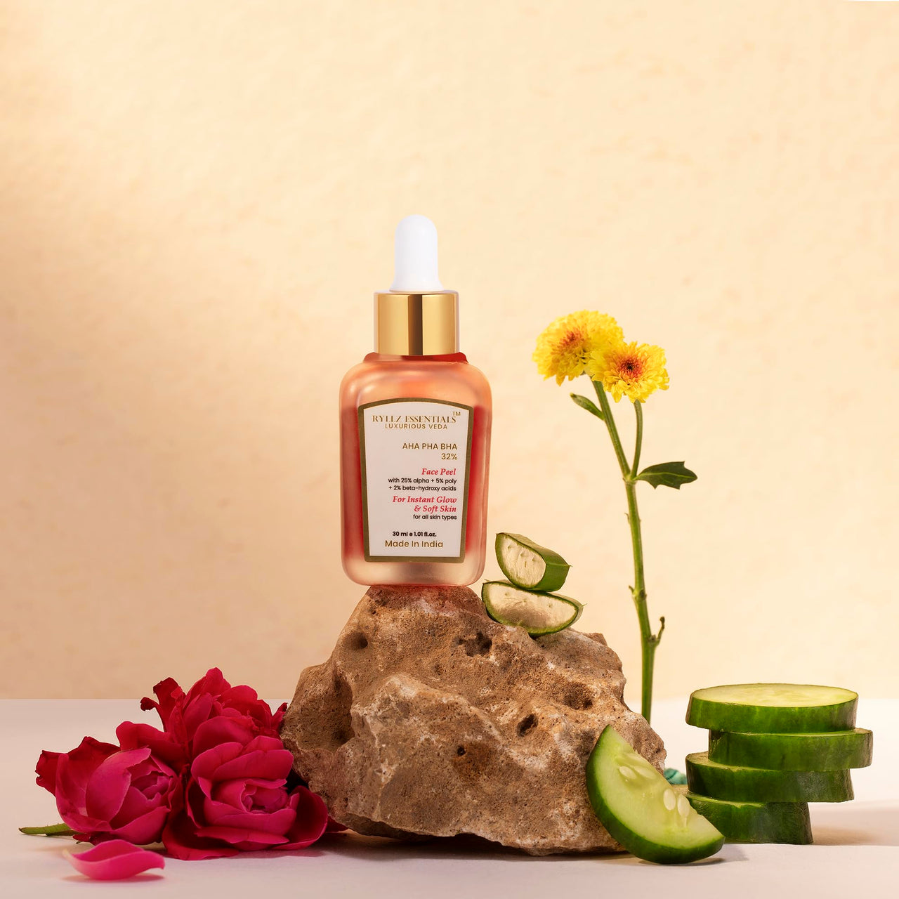 RYLLZ ESSENTIALS 25% AHA + 2% BHA + 5% PHA Peeling Serum for Face | with Vitamin E, Rosehip Extract & Niacinamide | for Glowing Skin, Smooth Texture & Pore Cleansing | 10-Minute Facial | 30ml