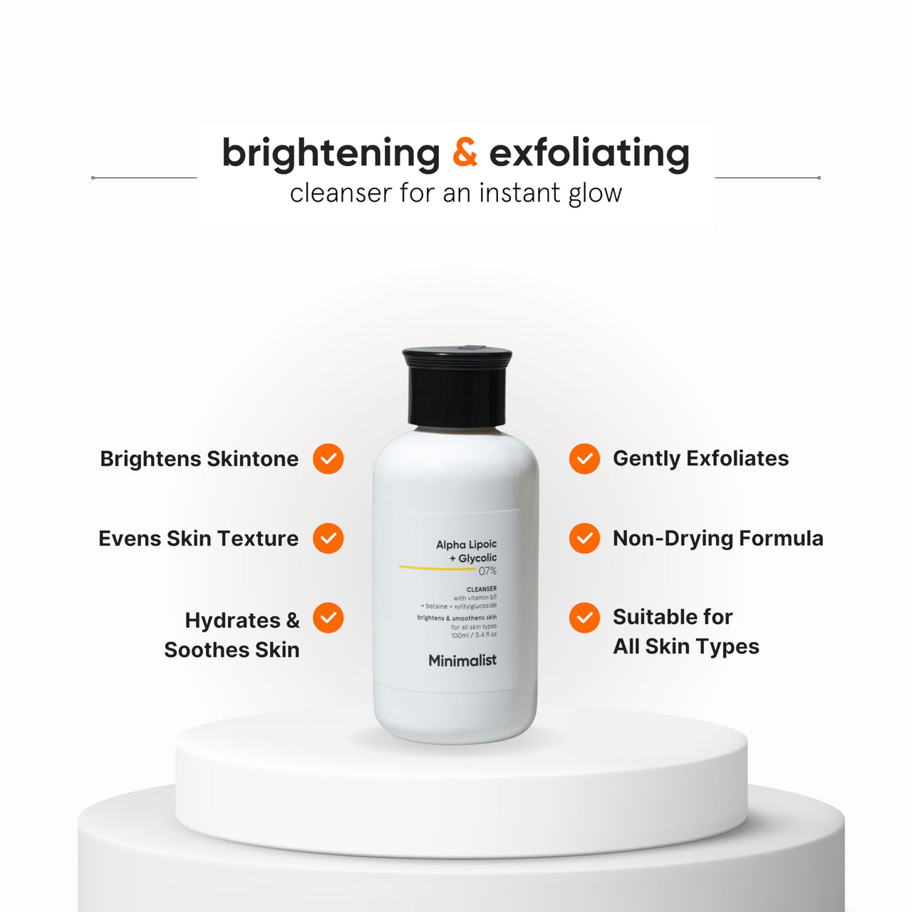 Minimalist 7% ALA + Glycolic Brightening Face Wash | With ALA For Glowing Skin, AHA for Exfoliation and Vitamin B5 For Hydration | Sulphate-free | Fragrance- free | For Men & Women | 100 ml