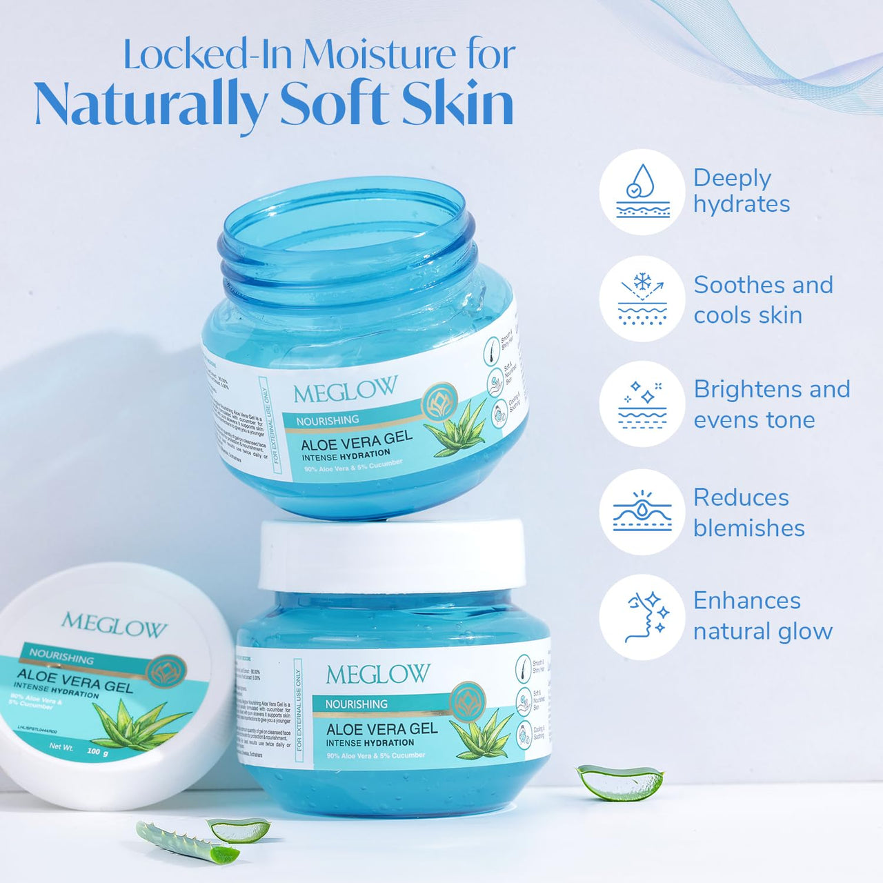 Meglow by Leeford | Nourishing Aloe Vera Gel | Intense Skin Hydration Formula | Aloe Vera Gel for Skin and Hair | Aloe Vera & Cucumber-based Moisturizing Gel for All Skin Types Pack of 2 (100g each)
