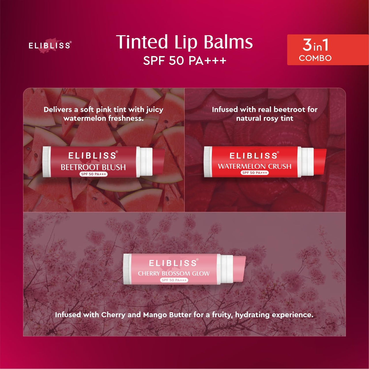 Elibliss Luscious 3 in 1 Tinted Lip Balm 5g Each | SPF 50 PA+++ | Beetroot Blush, Watermelon Crush, Cherry Blossom Glow | Enriched with Shea, Cocoa & Mango Butter | Smooth, Soft Naturally Tinted Lips