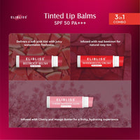 Elibliss Luscious 3 in 1 Tinted Lip Balm 5g Each | SPF 50 PA+++ | Beetroot Blush, Watermelon Crush, Cherry Blossom Glow | Enriched with Shea, Cocoa & Mango Butter | Smooth, Soft Naturally Tinted Lips