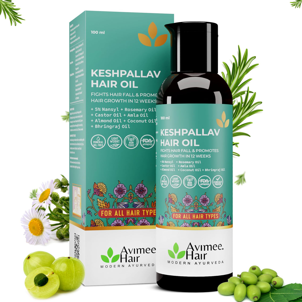 Avimee Herbal Hair Care Kit | For Hair Growth and Nourishment | Keshpallav Hair Oil, 100ml | Shakuntala Hair Cleanser, 200ml | Hairtone PV1 Scalp Spray, 100ml | Hair Care Combo