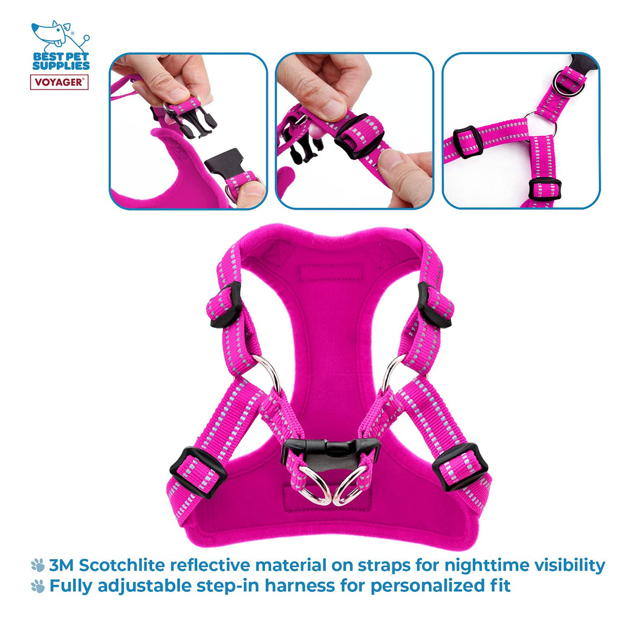 Best Pet Supplies Voyager Adjustable Dog Harness with Reflective Stripes for Walking, Jogging, Heavy-Duty Full Body No Pull Vest with Leash D-Ring, Breathable All-Weather - Harness (Fuchsia), XS