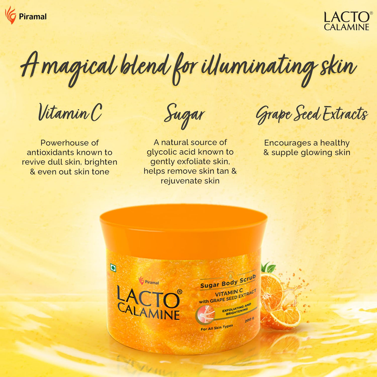 Lacto Calamine Vitamin C Sugar Body Scrub | 200 g | Gentle Body Exfoliator | Body Scrub for Healthy & Glowing Clear Skin | Vitamin C, Sugar & Grape Seed Extract Removes Tan & Dead Skin Cells