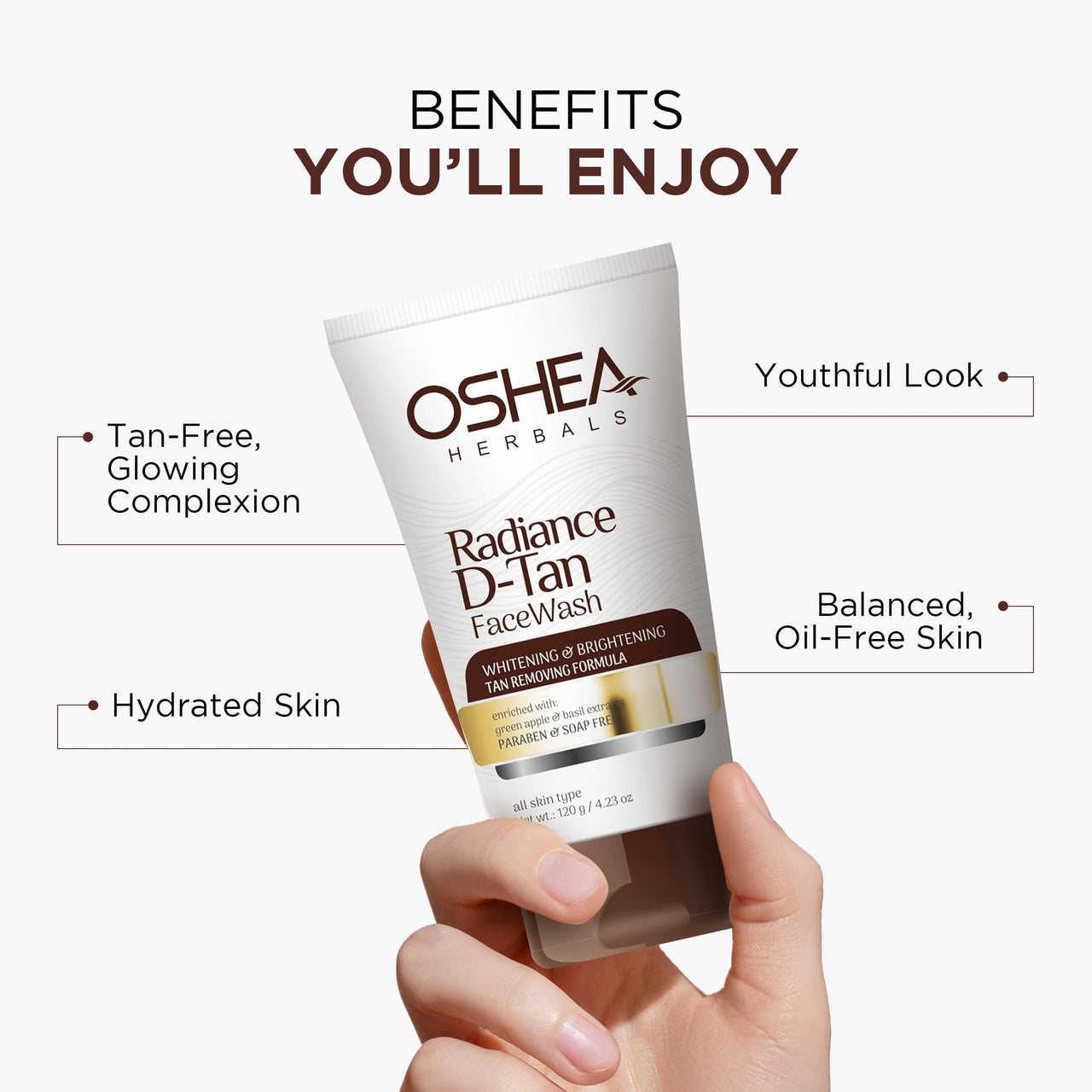 Oshea Herbals Radiance DTan Facewash for All Skin Types | Tan Removal Formula with Whitening & Brightening | Enriched with Green Apple & Basil Extract | Paraben &Soap Free 120g
