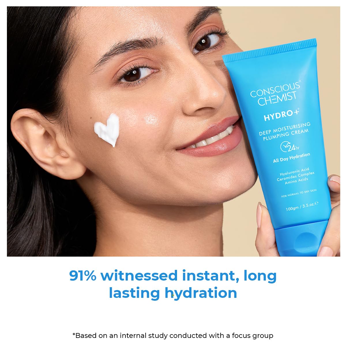 Conscious Chemist Hyaluronic Acid Moisturizer | 100g | Moisturizer for Dry Skin Face, Ceramide Moisturizer, Face Cream for Men & Women, Treat Dull, Dehydrated Skin, For Normal to Dry Skin - Hydro+
