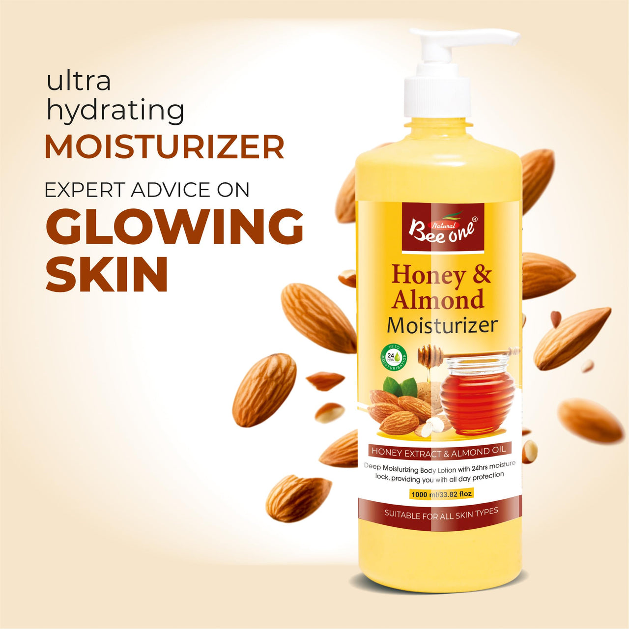 Beeone Honey Almond Moisturizer 1000ml – Deeply Nourishing Lotion for Soft, Smooth & Hydrated Skin | Rich in Honey & Almonds for All Skin Types