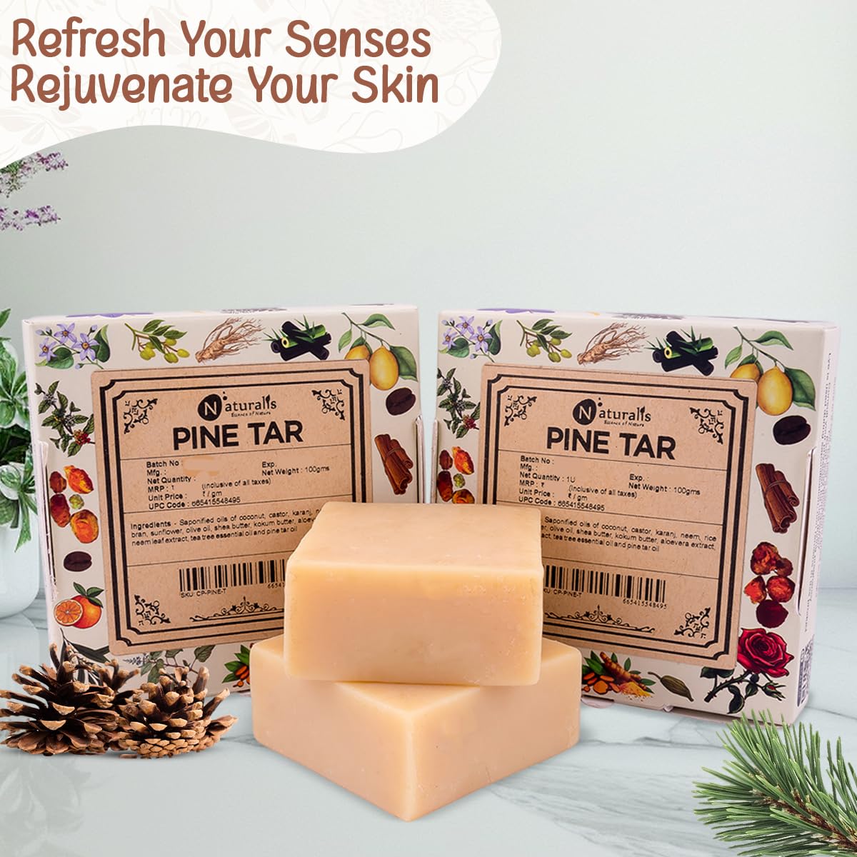 Naturalis Pine Tar Soap – Handmade Cold Pressed Soap Infused with Pine Tar Oil – Natural, Luxury Soap for Deep Skin Nourishment, Moisturizing and Refreshing, 100g