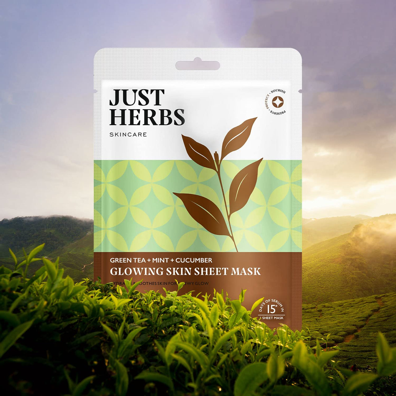 Just Herbs Sheet Mask Glowing Skin Serum Masks, 20g (Green Tea, Mint, Cucumber)