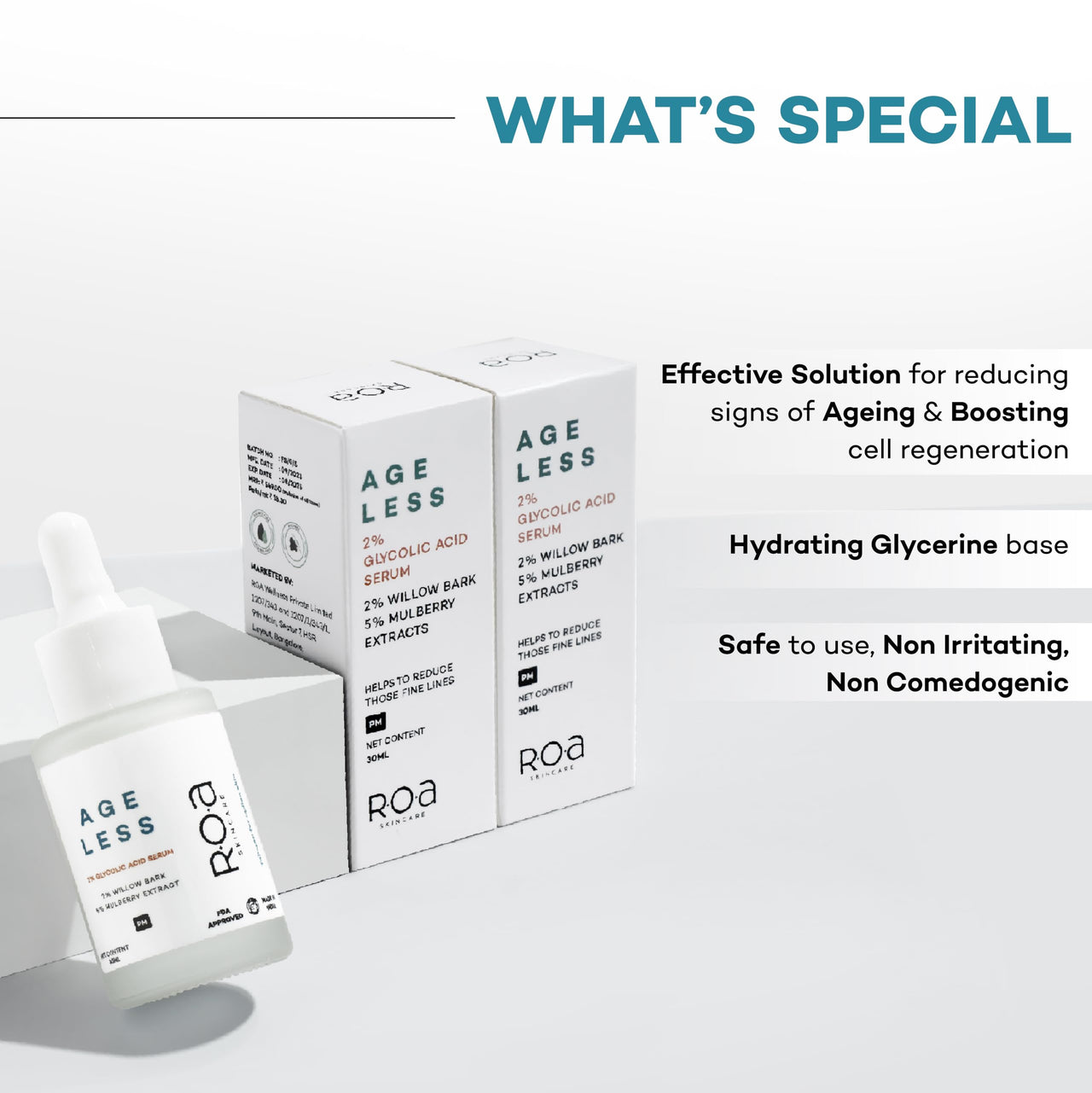 R.O.A Skincare AGELESS | 2% Glycolic Acid & 2% Salicylic Acid Serum | 5% Mulberry Extract | Youthful Bouncy skin | Anti-Aging & Exfoliating Treatment | 30 ML