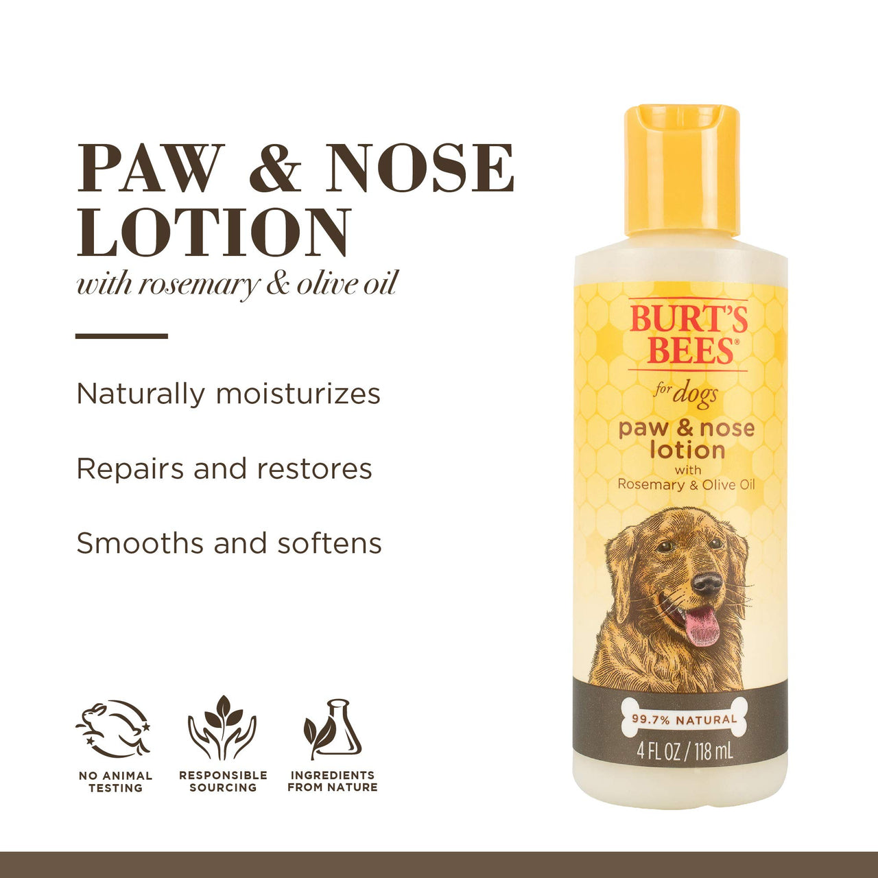 Burt's  Bees for Pets Natural Paw & Nose Lotion with Rosemary & Olive Oil | Soothing Lotion for All Dogs | Cruelty Free, Sulfate & Paraben Free, pH Balanced for Dogs - Made in USA, 4oz- 2 Pack