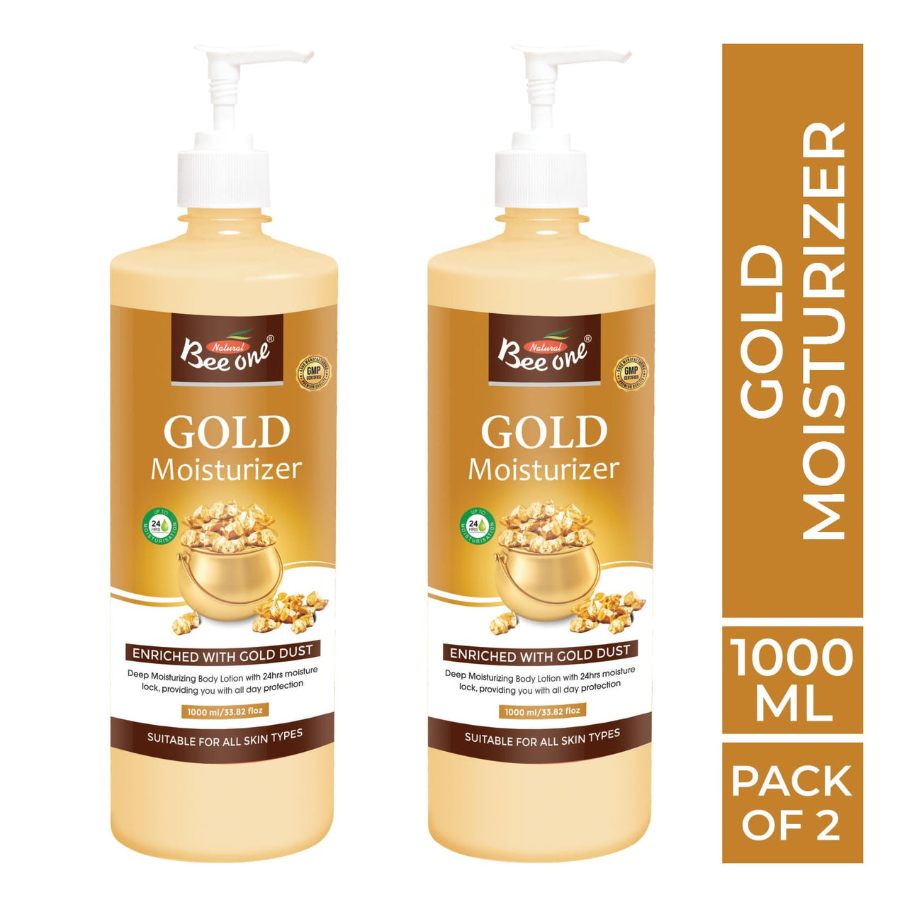 Bee One 24 hr Moisture Lock Body Lotion, for Soft and Supple Skin(Pack of 2) | 1000ml x 2= 2000ml (Gold)