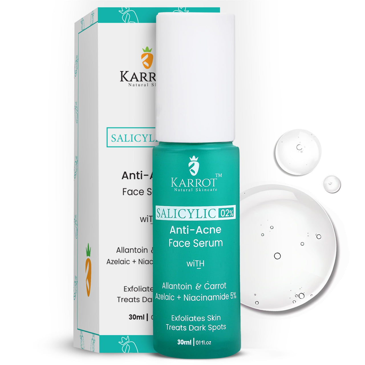 Karrot Natural Skincare Salicylic Acid Face Serum for Oily, Acne Prone Skin, 02% Concentration, Reduces Breakouts & Bumpy Texture, Has Green Tea & Neem, For Men and Women, All Skin Types, 30ml