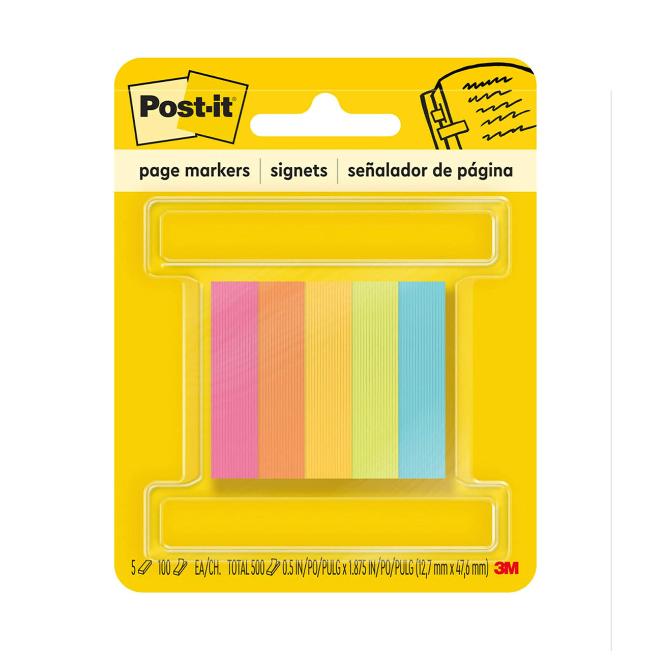3M Post-it Page Markers, Assorted Colors, 1/2 in x 2 in, 100 Sheets/Pad, 5 Pads/Pack (670-5AN)