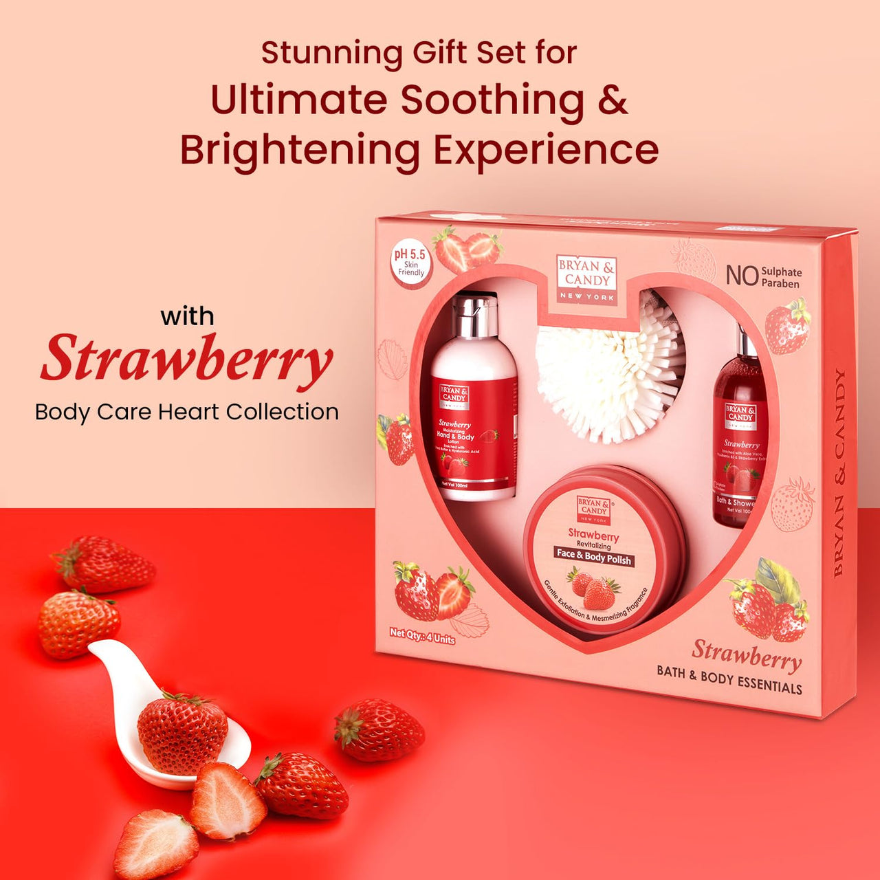 Bryan & Candy Strawberry Body Care Heart Collection ,Gift Set for Women and Men