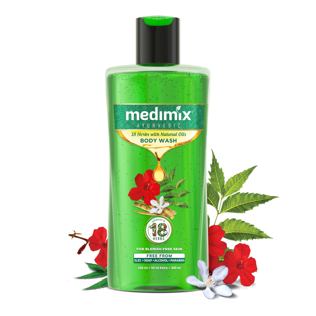Medimix Ayurvedic Bodywash 18 Herbs & Natural Oils For Healthy & Refreshed Skin | Shower Gel For soft, nourished & glowing skin | Herbal | Paraben-free & Sulphate-free 250ml+50ml Extra