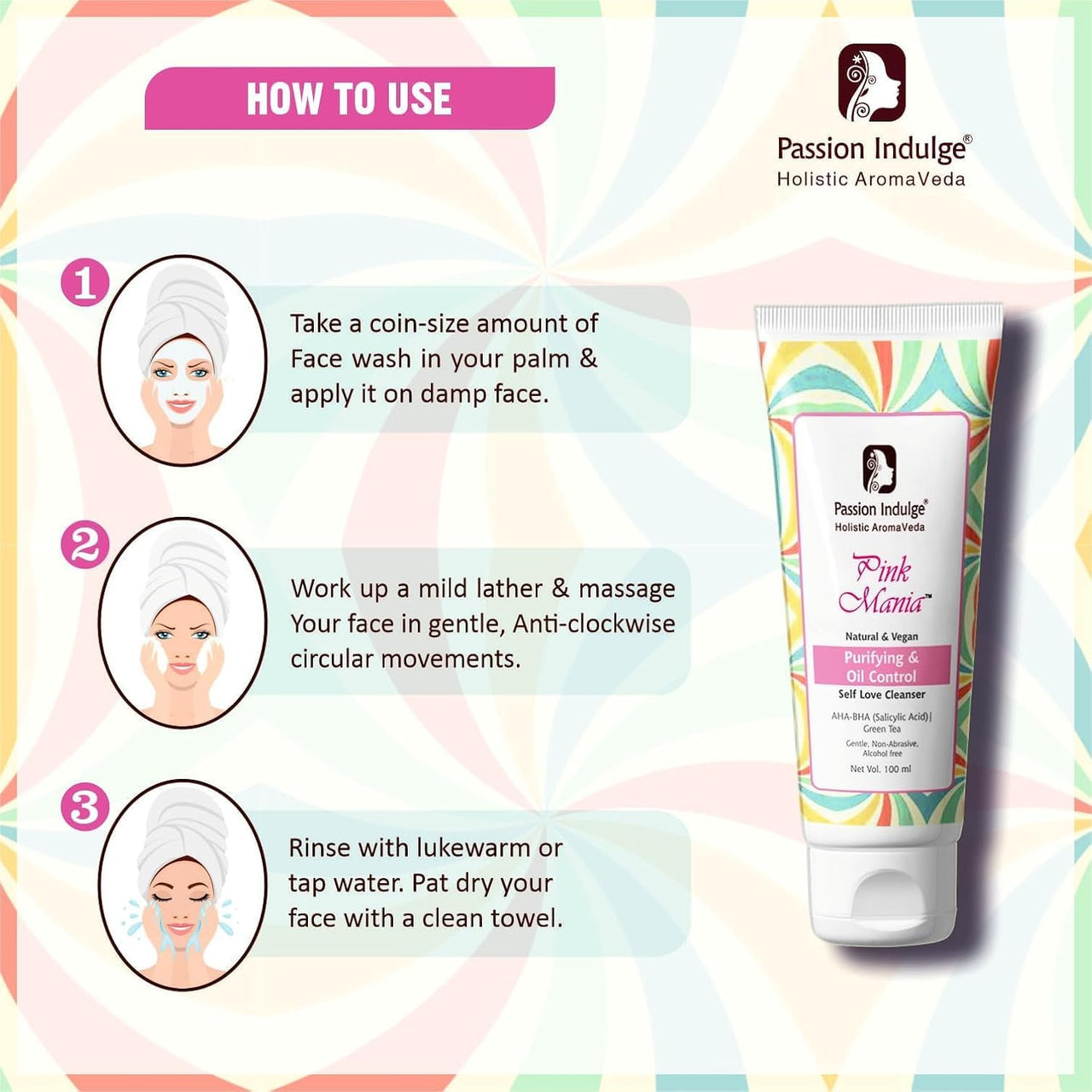 Passion Indulge AHA BHA Face Wash For Acne, Oily skin | Pinkmania Cleanser For Skin Purifying & Oil Control With Turmeric & Green Tea | Acne Removal - 100 ml