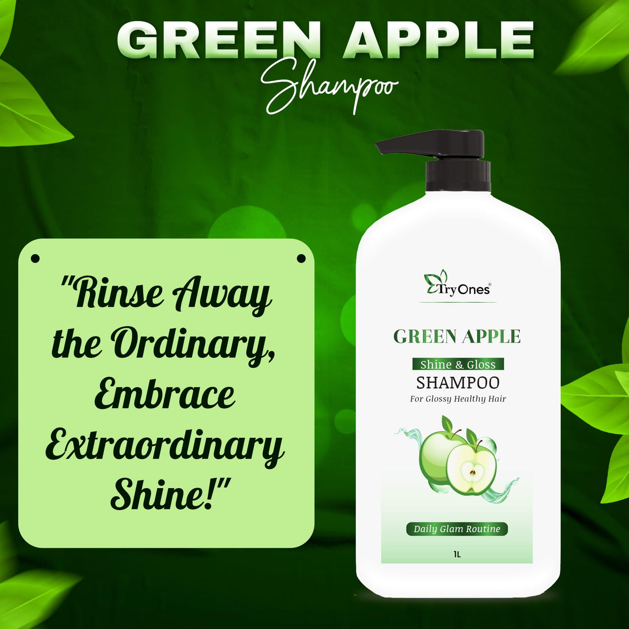 TryOnes Green Apple Shine & Gloss Shampoo| Promotes Healthy, Shiny and Glossy Hair | Nourishes Scalp | Makes Hair Soft & Smooth |All Skin Types | 1000ml