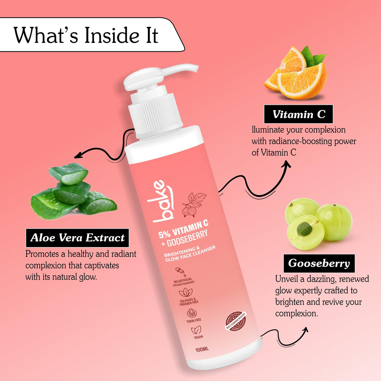 BAKE 5% Vitamin C Face Wash for Pigmentation & Skin Brightening with Gooseberry | Daily Glow Face Wash | All Skin Types | For Women & Men (100 ml)