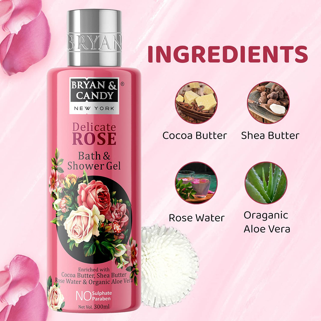 Bryan & Candy Shower Gel with Aloe Vera. Gentle, Moisturizing Body Wash for Soft, Supple Skin (Delicate Rose Shower Gel, 300ml)