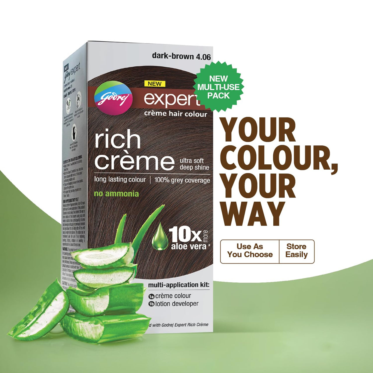Godrej Expert Rich Crème Hair Colour for Women & Men – NATURAL BROWN Shade 4.00 (50ml + 50g) | No Ammonia | 10x Aloe Vera & 100% Grey Coverage