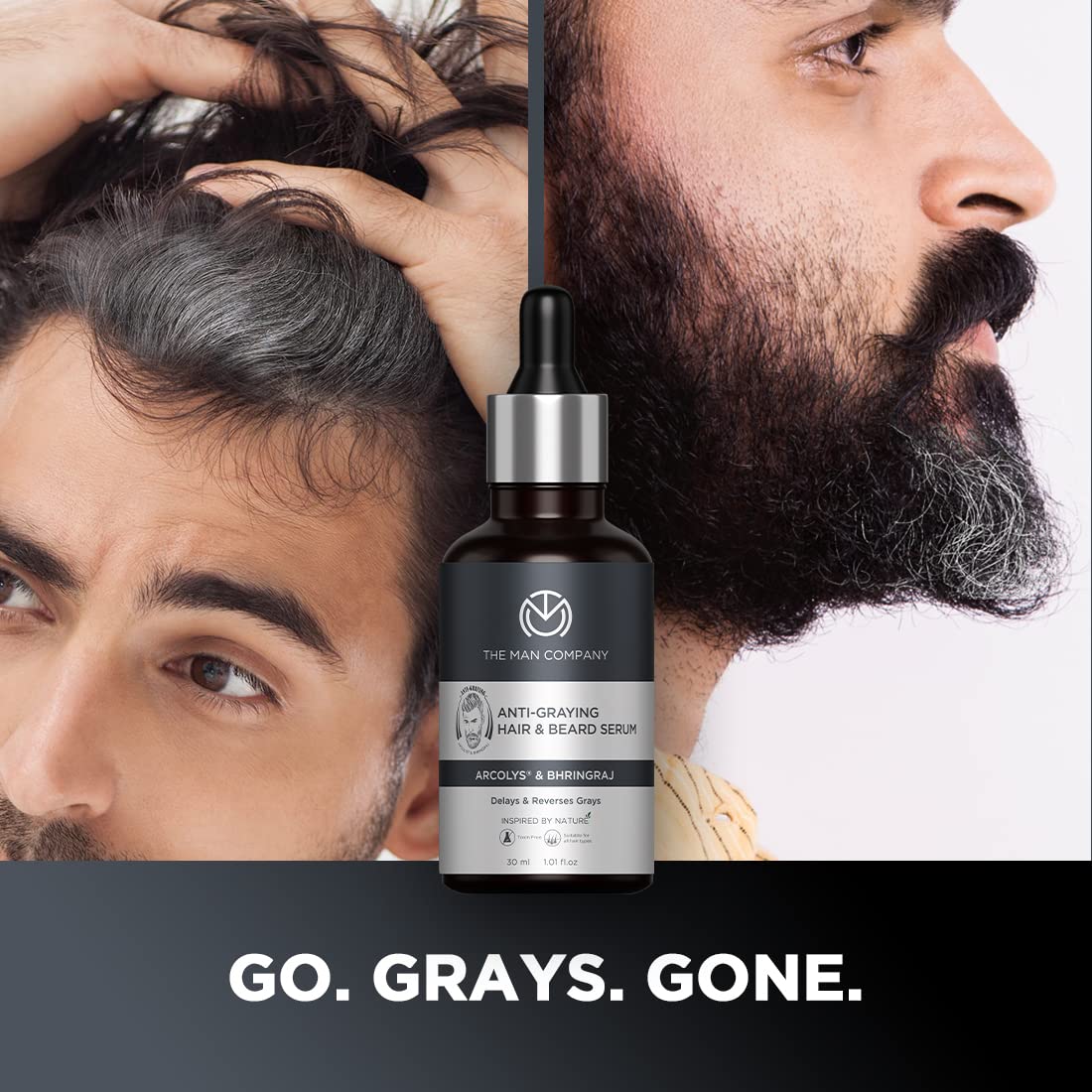The Man Company Anti-Graying Hair & Beard Serum for Men Enriched With Bhringraj, Arcolys & Shikakai | Hair Shine & Nourishment | Delay & Reverses Grays | Strengthen Roots| For All Hair Type -30Ml