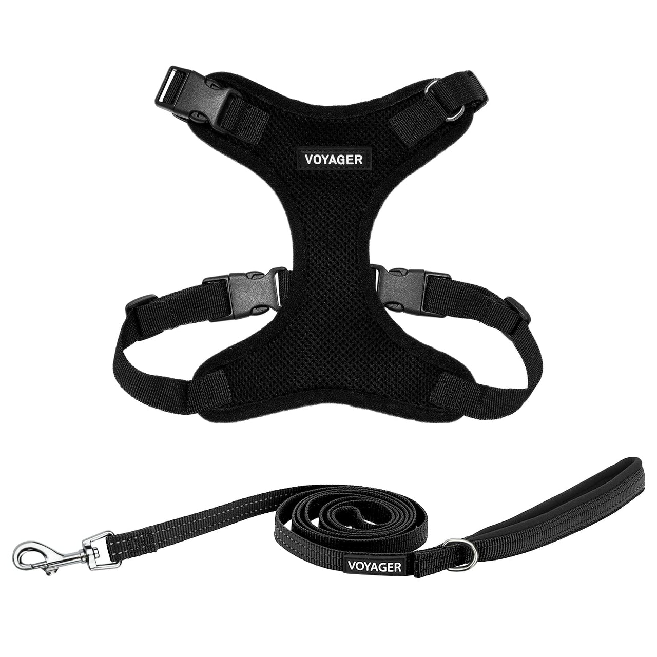 Voyager Step-in Lock Dog Harness w Reflective Dog Leash Combo Set with Neoprene Handle 5ft - Supports Small, Medium and Large Breed Puppies/Cats by Best Pet Supplies - Black, L Harness Leash Set (Black) L (Chest: 20 - 25")
