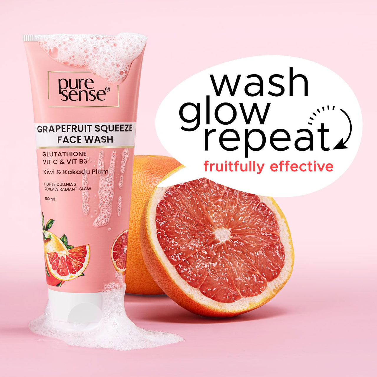 PureSense Grapefruit Squeeze Face Wash with Glutathione + Vitamin C and Vitamin B3 | Kiwi & Kakadu Plum | Fights dullness and Reveals Radiant Glow | For Men & Women - 100ml