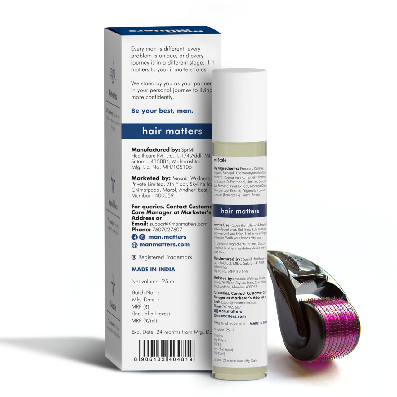 Man Matters Advanced Beard&Hair Serum Roll On 25Ml With Derma Roller 0.5 Mm|Redensyl,Anagain,Aminexil&Rosemary|Reactivates Hair Cells,Improves Beard&Hair Density&Promotes Thicker Growth, 50 Grams