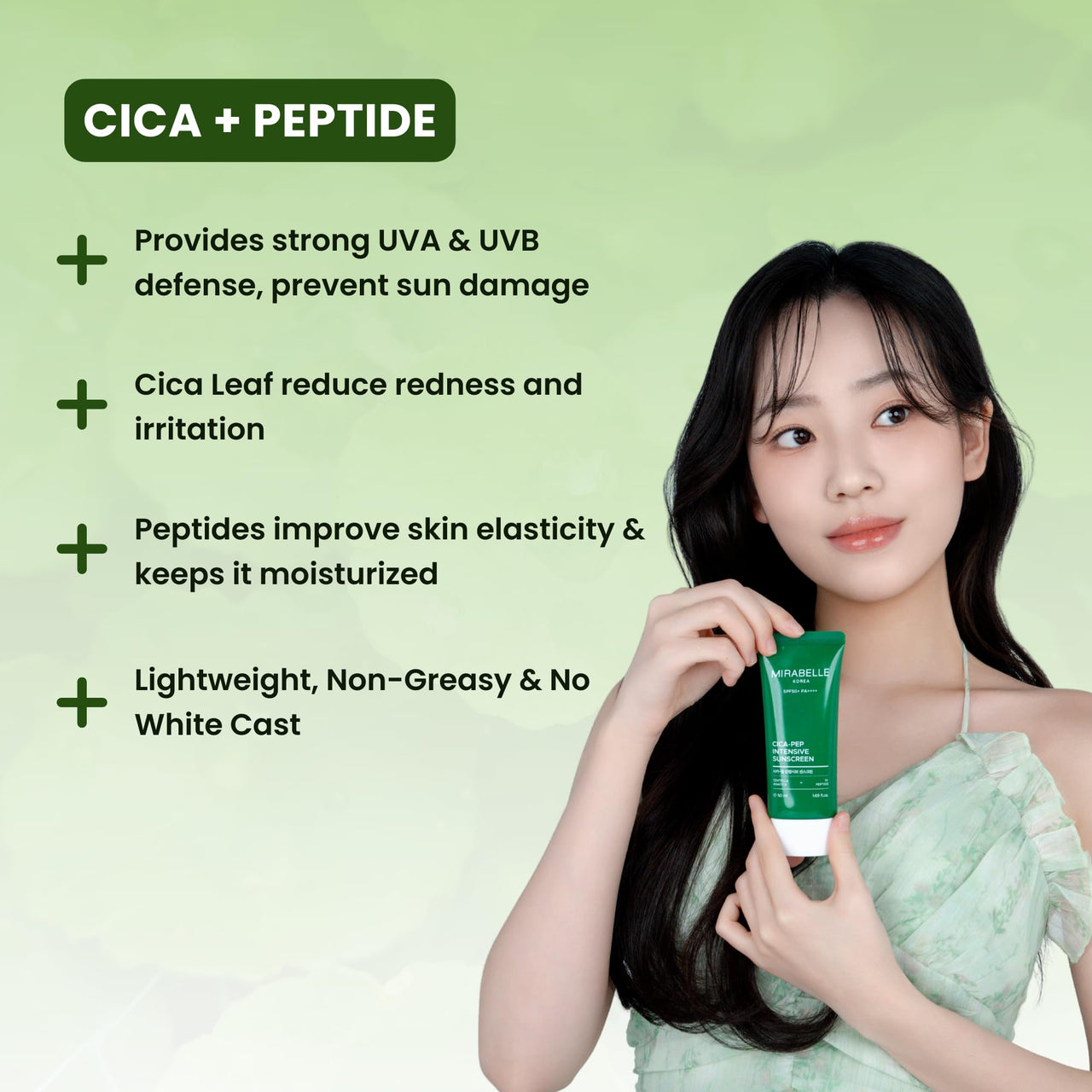 Mirabelle Korea Cica-Pep Intensive Sunscreen SPF 50+ PA++++ | Lightweight & Hydrating | No White Cast | In-Vivo Tested | Koreana Skincare | For Men & Women | For All Skin Types | 50 ml