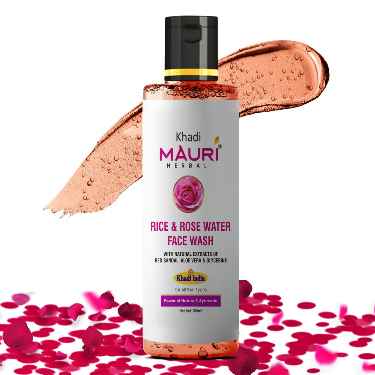 Khadi Mauri Herbal Rice & Rose Water Face Wash | Boosts Glow & Radiance | Enriched with Rose Oil, Aloe Vera, Sandal & Glycerine | Ideal for Men & Women | 100 ml
