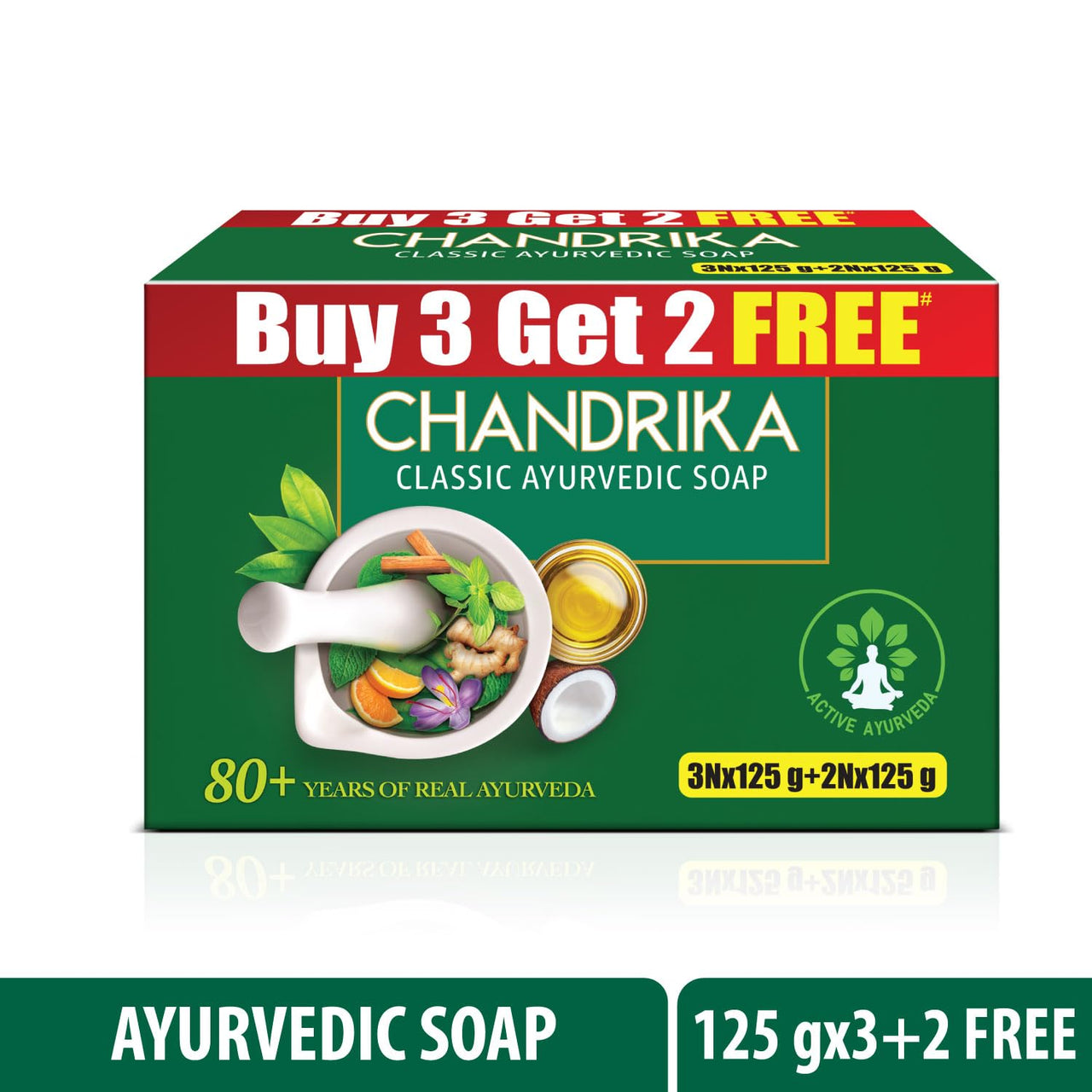 Chandrika Ayurvedic Soap Classic| Handmade Soap for Naturally Radiant Skin| For All Skin Types| 125g (Pack of 3) + 2x125g Soap Free