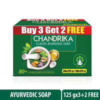 Chandrika Ayurvedic Soap Classic| Handmade Soap for Naturally Radiant Skin| For All Skin Types| 125g (Pack of 3) + 2x125g Soap Free
