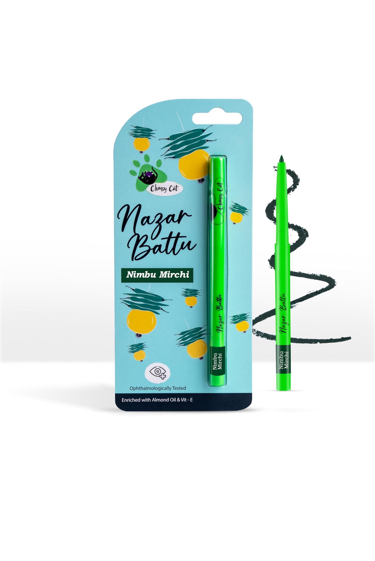 Clumsy Cat Eyes Kajal Pencil for Women - Enriched with Almond Oil & Vitamin E | Long Lasting, Smudge Proof & Waterproof | Smooth & Soft | Use as Kajal or Eyeliner - Nimbu Mirchi (Green)