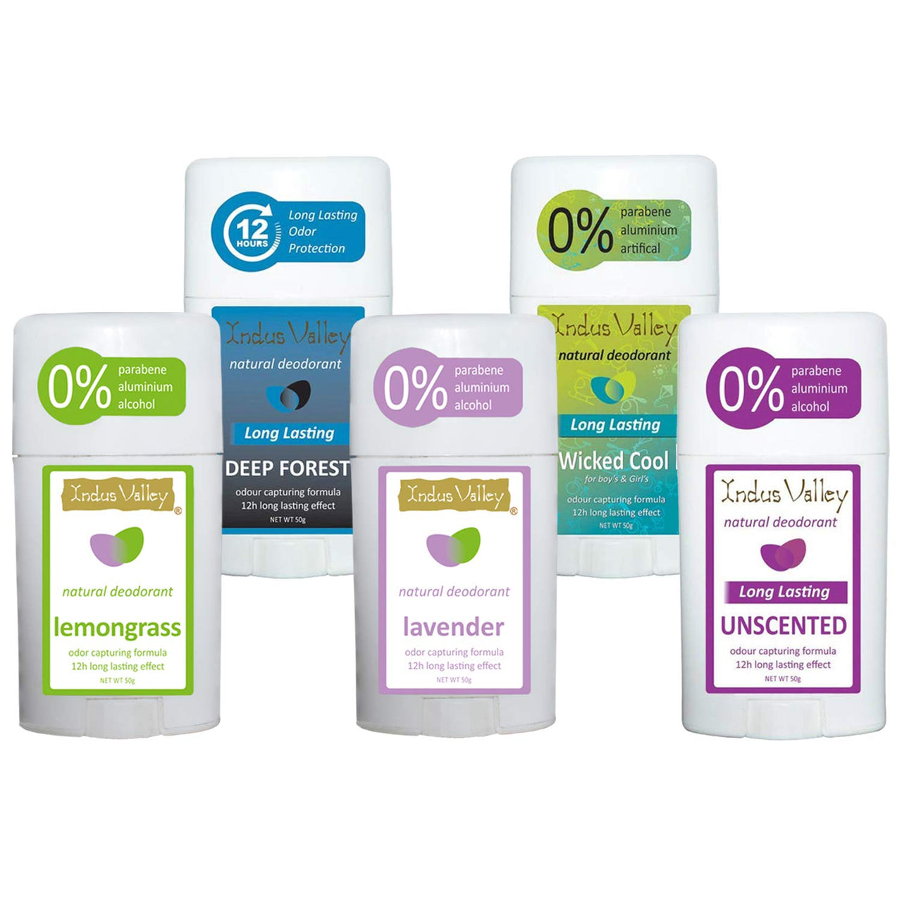 INDUS VALLEY Deo Stick Combo || Alcohol Free & Aluminium Free Deodrant Stick For Daily Use(12 Hour Long Lasting Effect) Combo of Unscented, Deep Forest, Lavender, Lemongrass & Wicked Cool 50g*5=250g