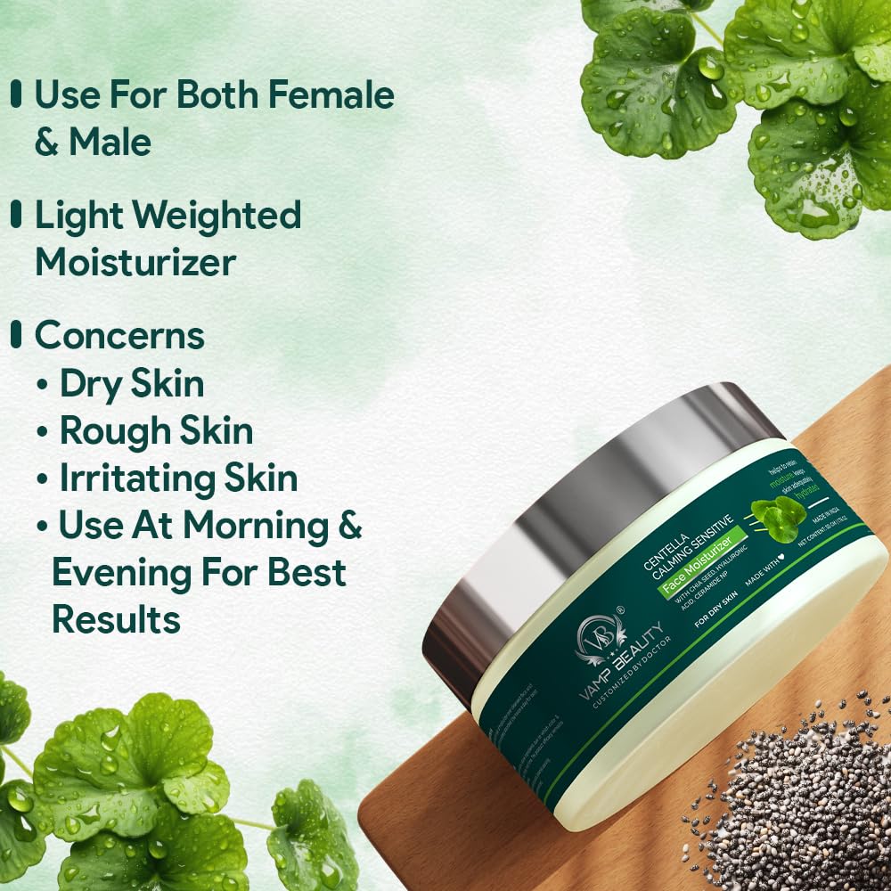 Vamp Beauty Face Moisturizer for Dry & Sensitive Skin | Centella, Hyaluronic Acid & Ceramides | Soothes Redness, Boosts Hydration & Strengthens Barrier | Lightweight Daily Cream | 50g