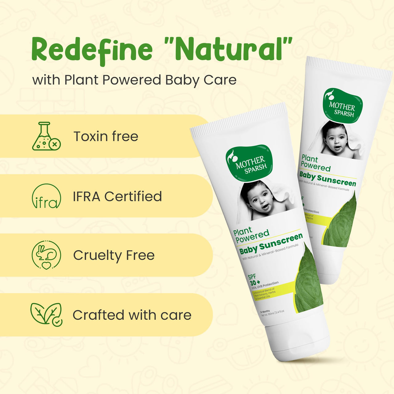 Mother Sparsh Natural Baby Sunscreen Lotion-100ml with SPF 30+ For UVA & UVB Protection | Plant derived 95% Bio Based Ingredients