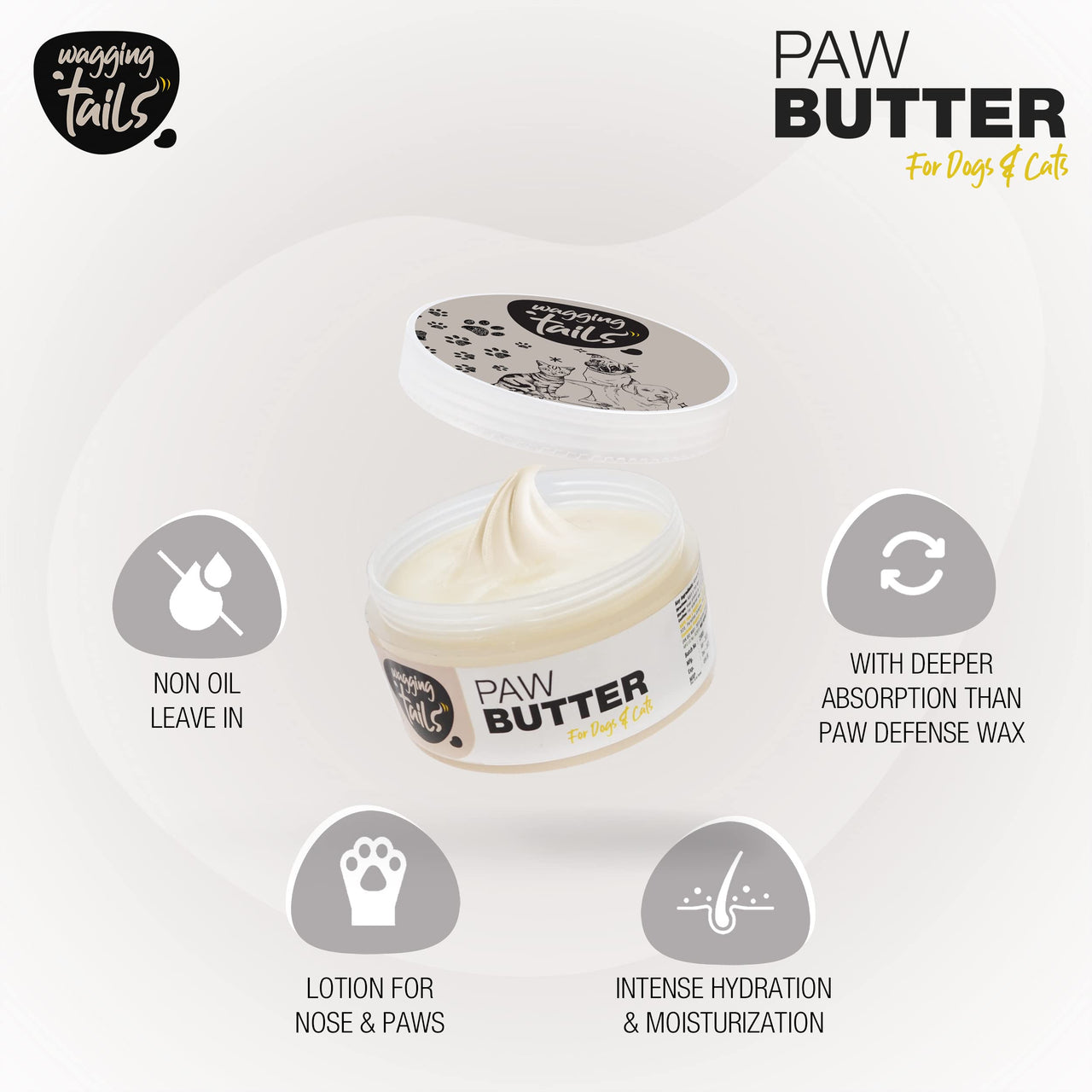 Wagging Tails Paw Butter for Dogs & Cats | Moisturizes, Heals & Repairs Dry & Cracked Paws, Elbows & Itchy Nose | Lick Safe Paw Balm (50 g) (Pack of 1)