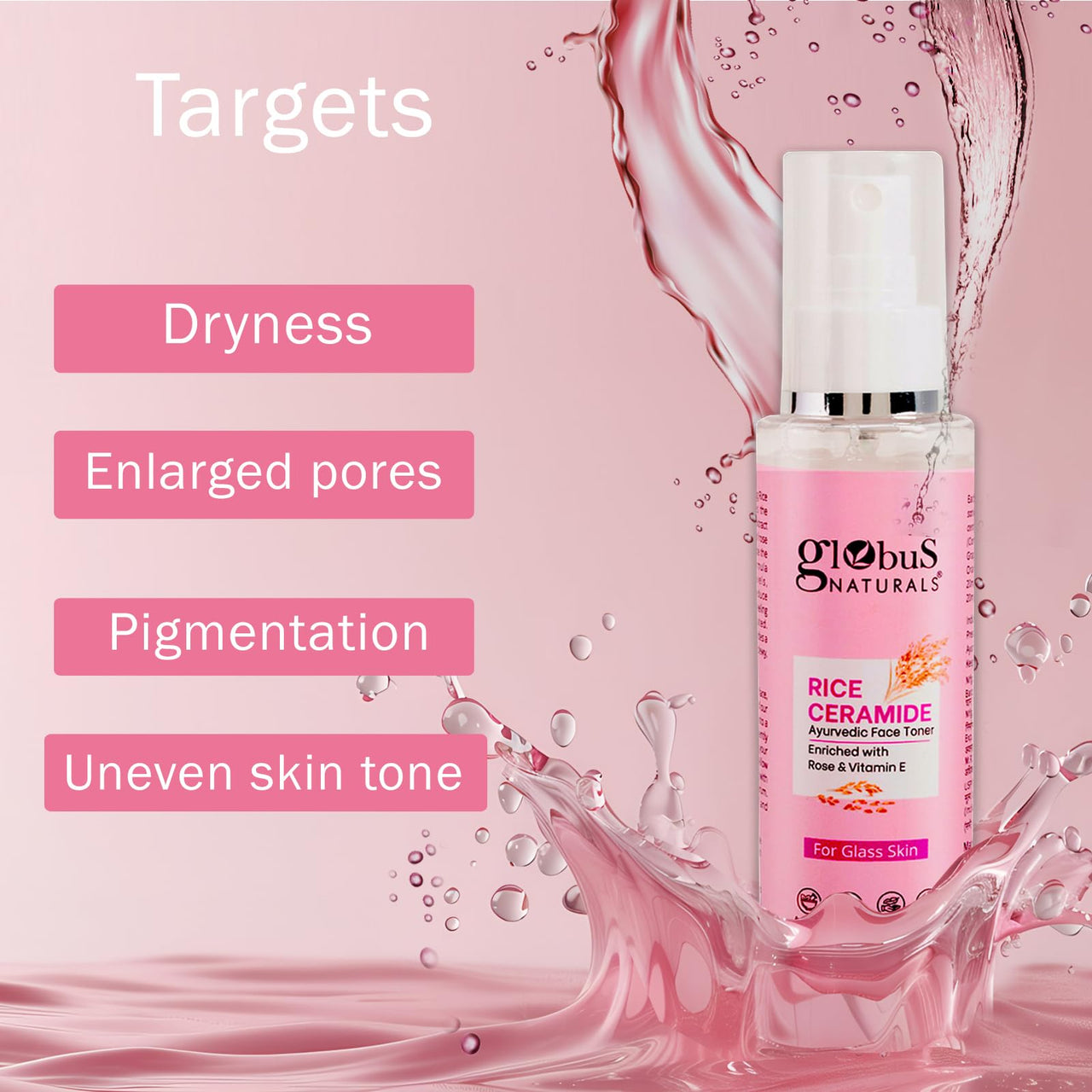 Globus Naturals Rice Ceramide Ayurvedic Face Toner, Enriched with Green Tea and Vitamin E, For Glass Skin,100 ml
