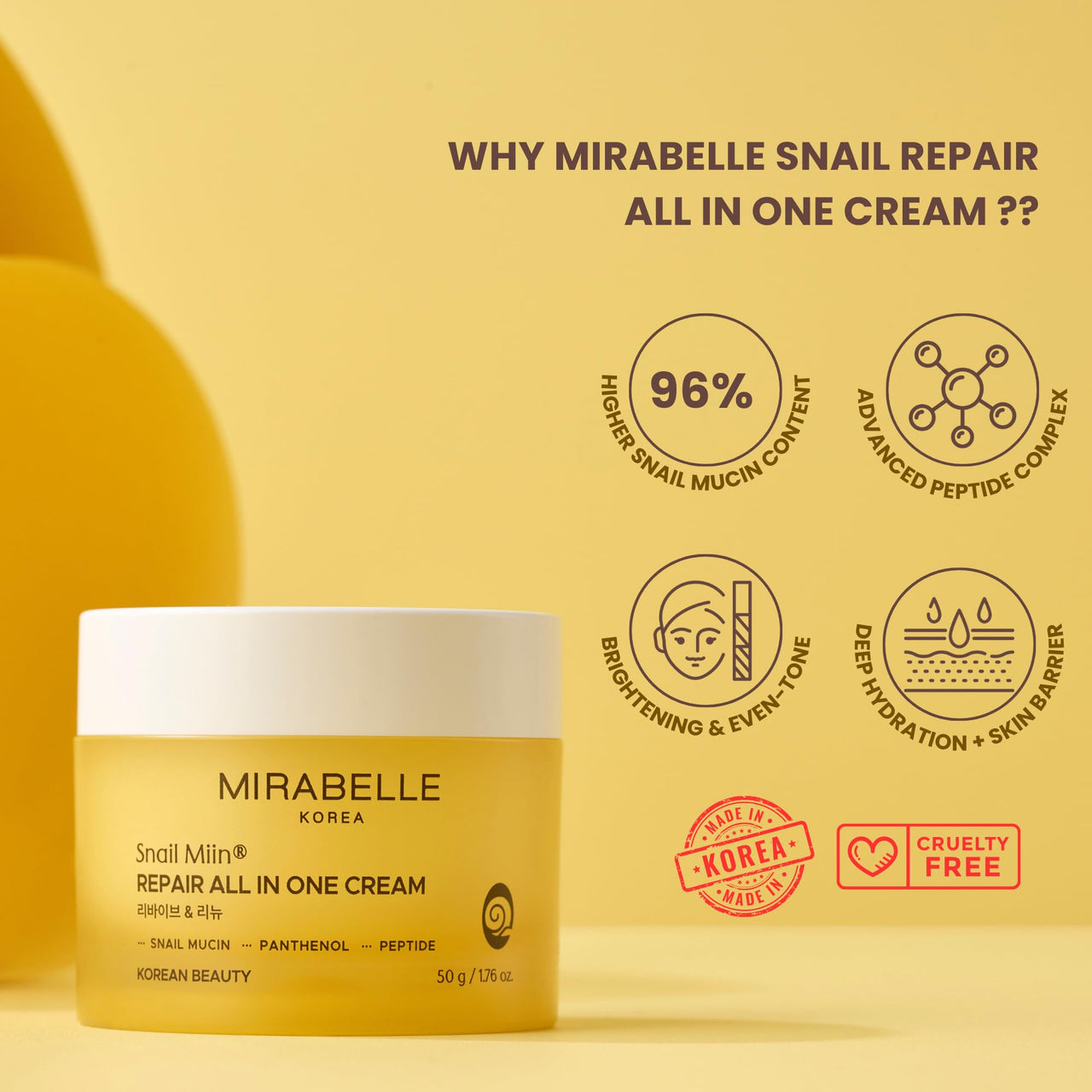 Mirabelle Korea Snail Repair All-In One Moisturizing Cream With Peptides | For Skin Repair, Anti-Aging & Fades Dark Spots | Lightweight, Non-Greasy | Korean Skin Care Products | For All Skin Types 50g