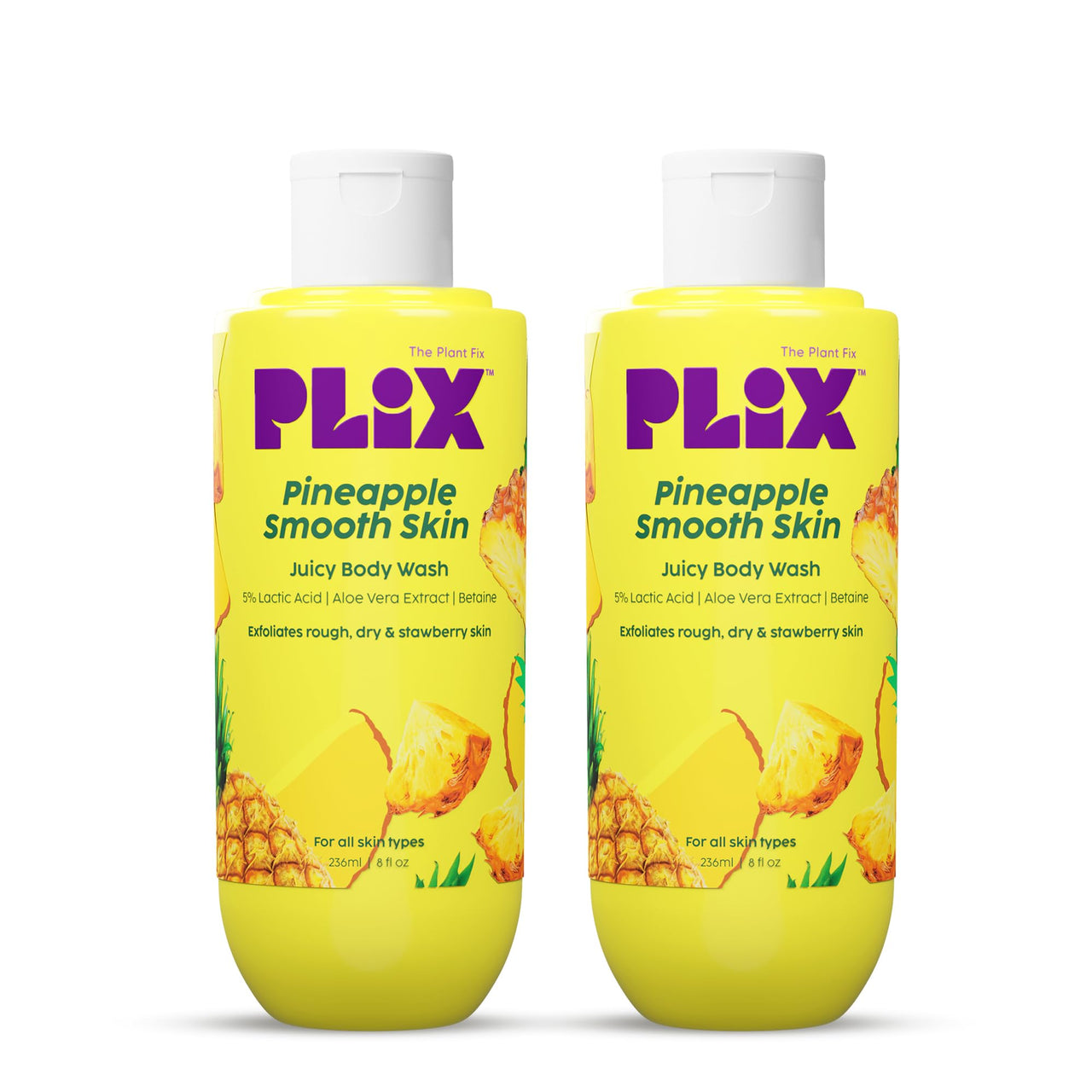 PLIX - THE PLANT FIX Pineapple 5% Lactic Acid Exfoliating Body Wash For All Skin Types | Paraben-Free Shower Gel | For Dry, Rough & Strawberry Skin | 236 ml Pack of 2