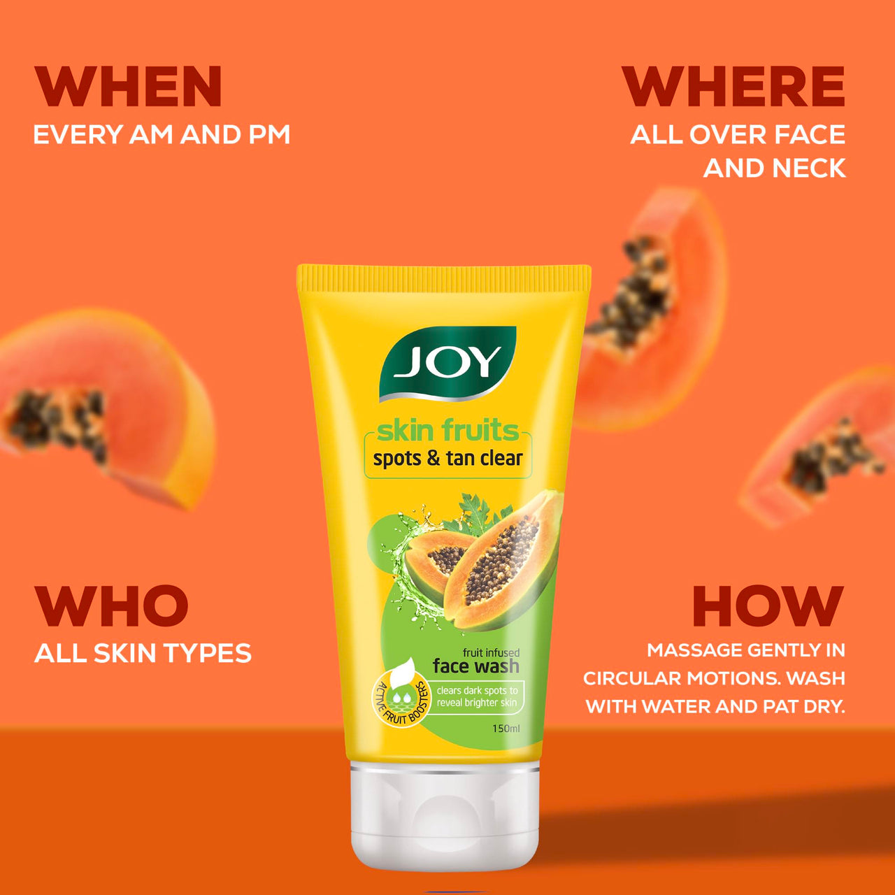 Joy Skin Fruits Spots & Tan Clear Face Wash 100ml x2 | Enriched with Papaya & Vitamin C + A | For Healthy Glowing skin | Suitable for All Skin Types