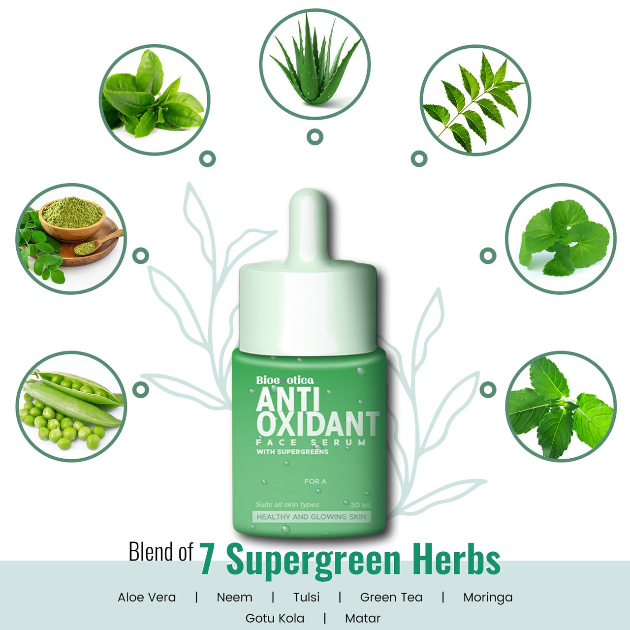 Bioexotica Anti-Oxidant Face Serum Helps Tightening Skin contains Seven Super Herbs & Aloe Vera For 24 Hours Moisturizing Suits All skin Types, No Silicon's & No Parabens - 30 ml (Pack of 1)