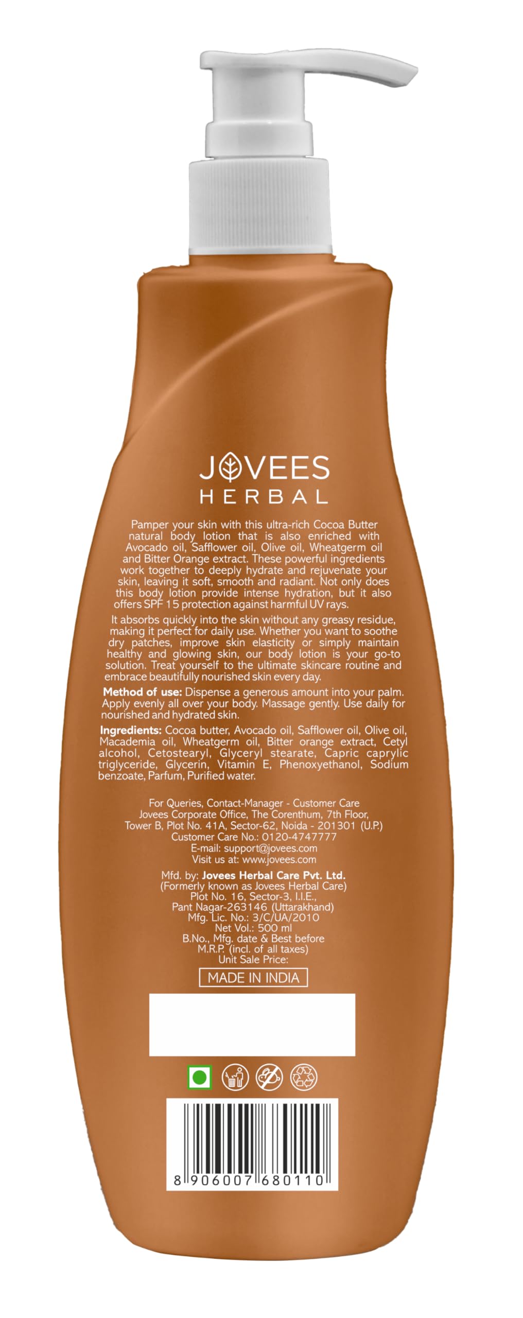 Jovees Herbal Cocoa Butter Hand & Body Lotion For Hydrates & Moisturise For All Skin Types 500ml
