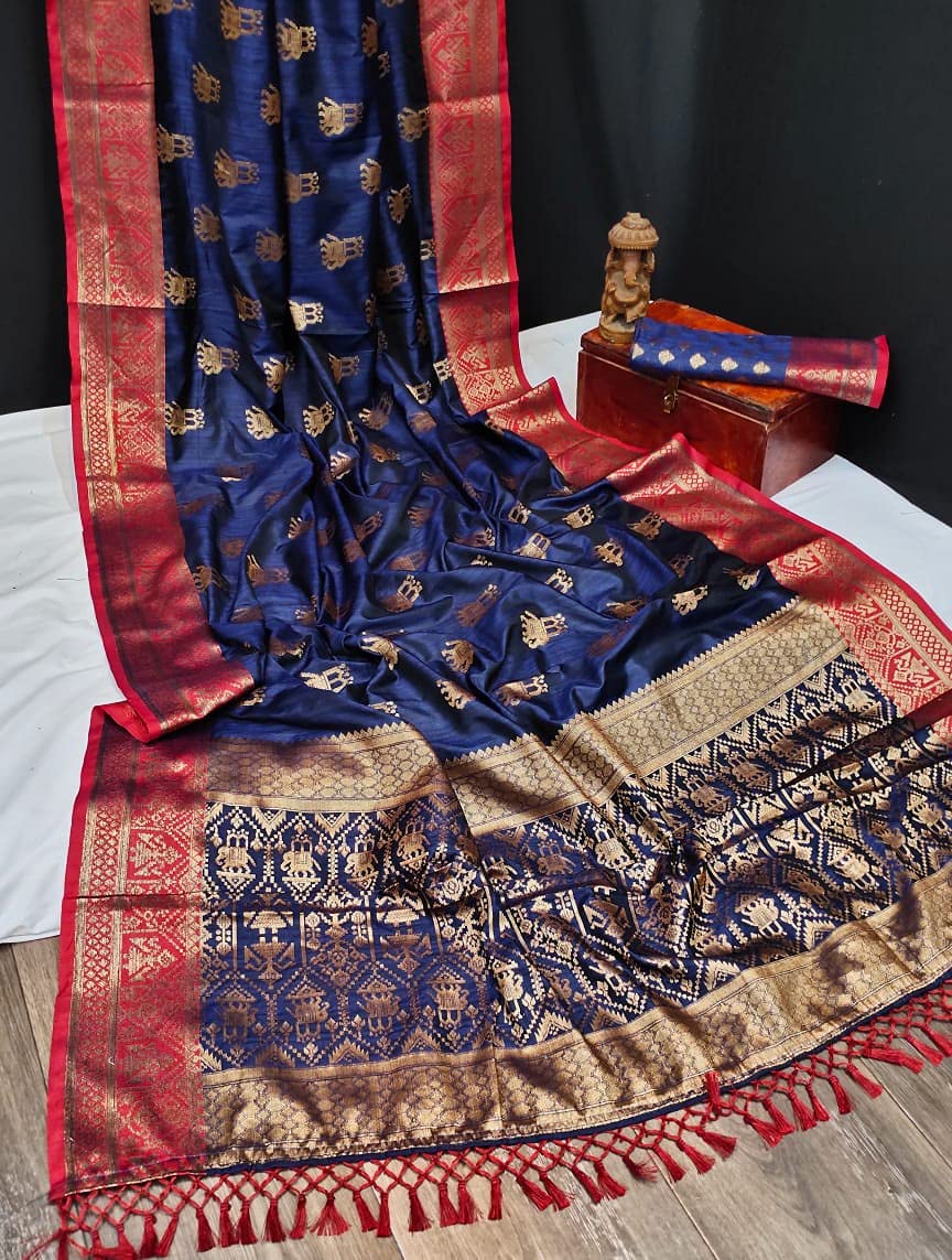 NK Textiles Women's  Elephant Motifs Woven Kanjivaram Ghicha Tussar Silk Saree with Fancy Tassels