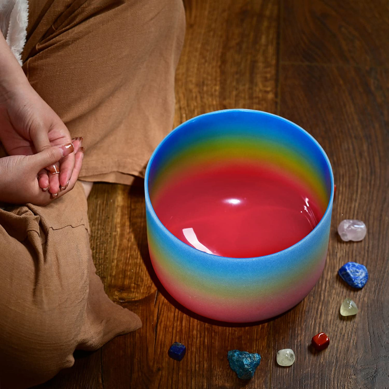 CVNC 8 Inch Rainbow Colored G Note Throat Chakra Frosted Quartz Crystal Singing Bowl Free mallet & O-ring Sound Healing Instrument